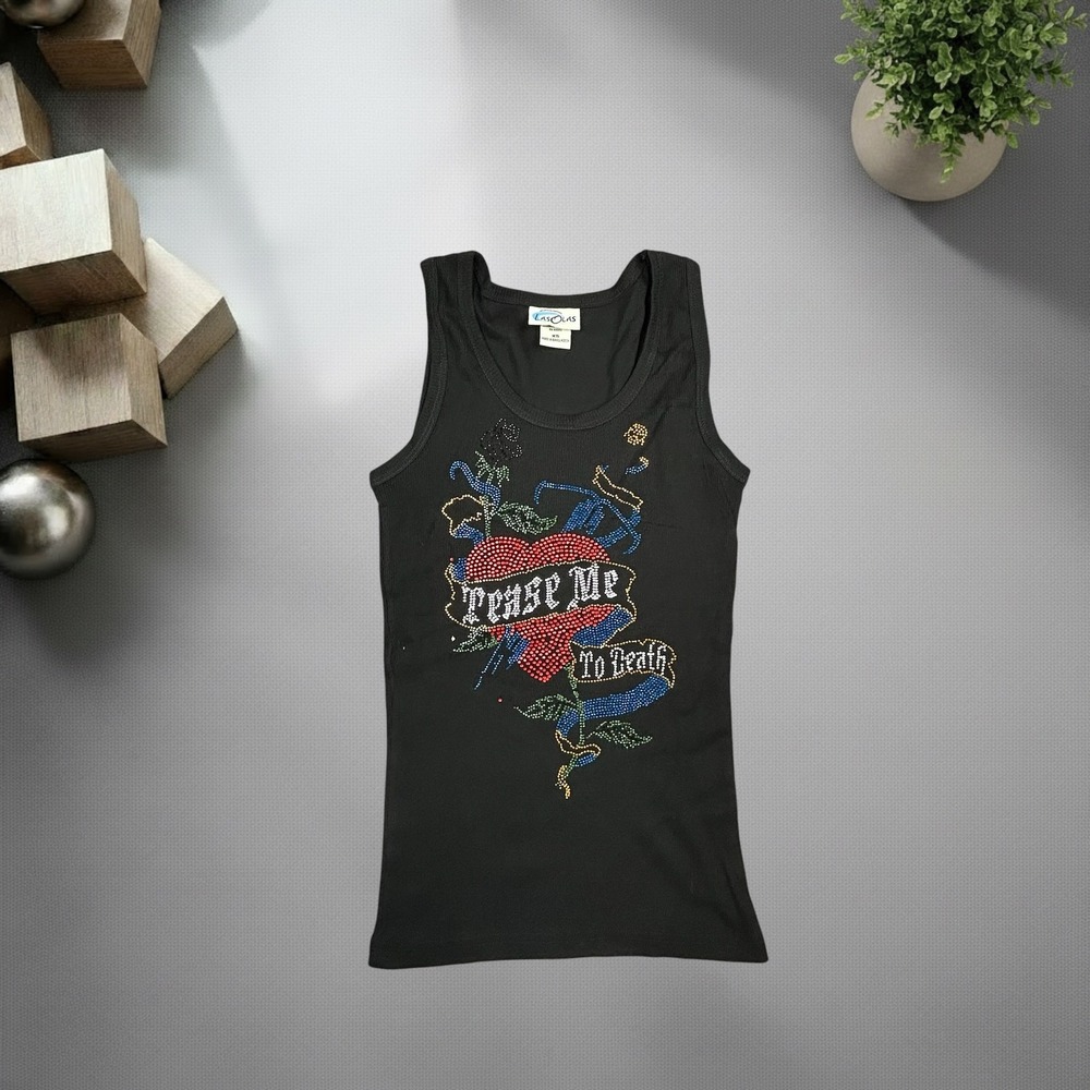 Las Olas Y2K Rhinestone‎ Tease Me To Death Ribbed Tank Top Black XS Mall Goth